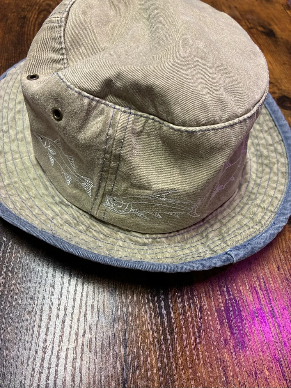 Vintage Fishing Bucket Hat in Olive Khaki with Chin Strap and Fish Embroidery